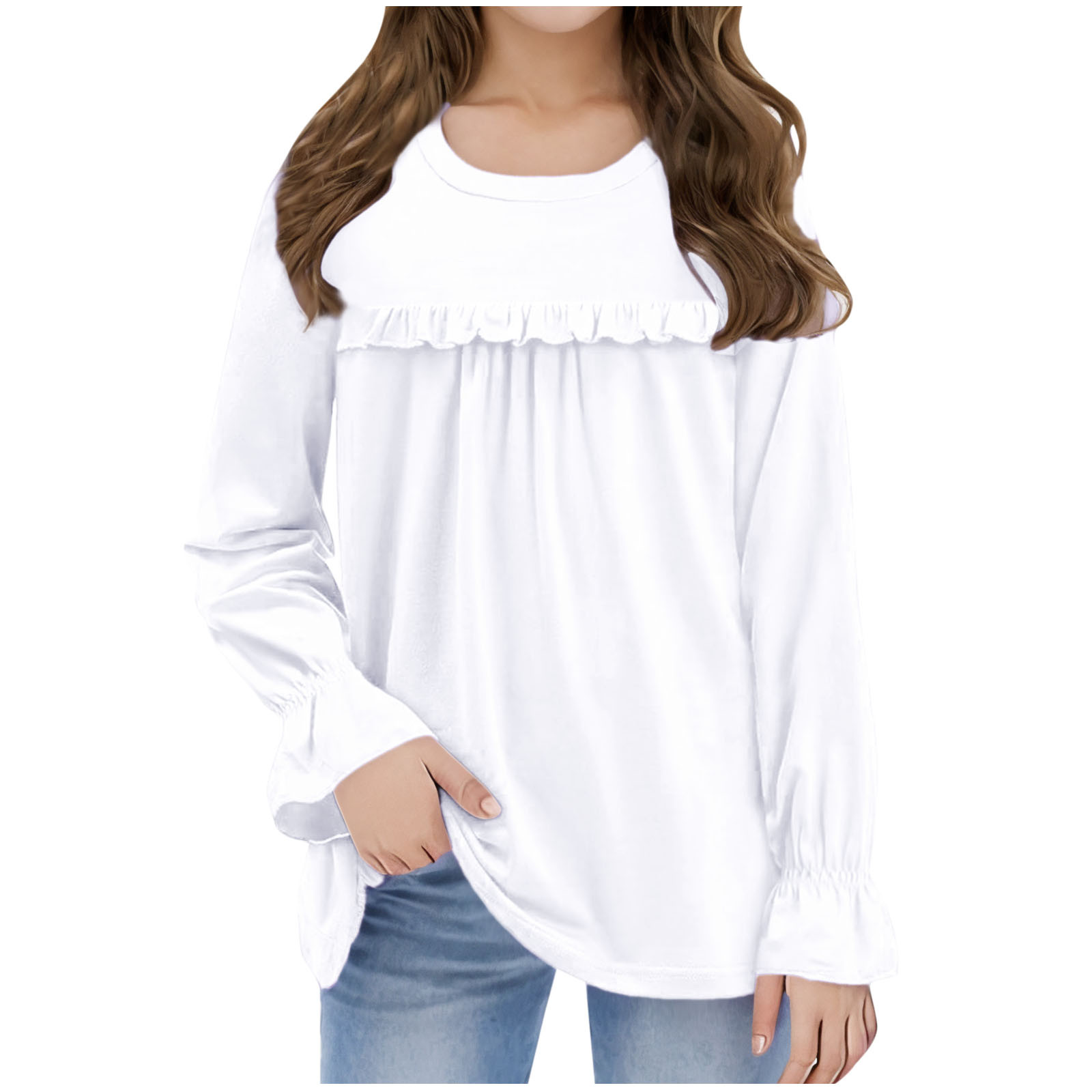 Cotton Long Sleeve Tops for Girls Tween Spring Clothes Ruffled Cute T Shirts Solid Color Dressy Blouses (12 Years, White)